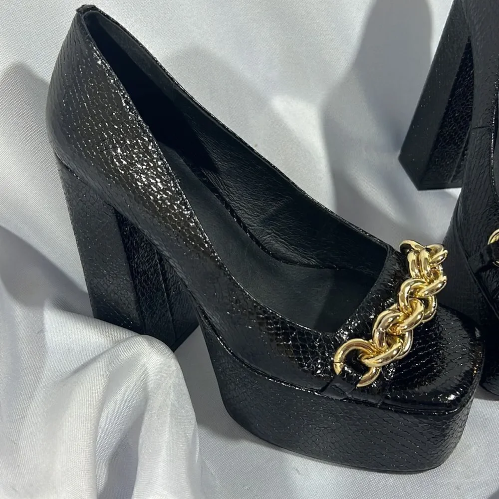 JEFFREY CAMPBELL CASEY CHAIN PLATFORM HEELS IN BLACK SNAKE SIZE 8
